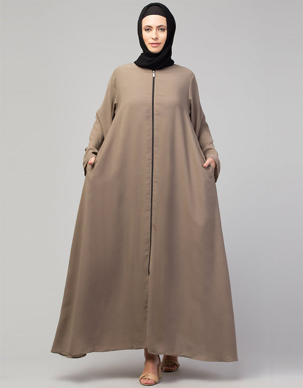 Muslim Front-Open Zip Abaya for Casual Wear In the Shade of Khaki